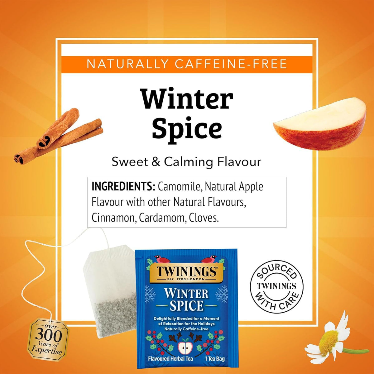 Twinings Winter Spice Herbal Tea ingredients blend of chamomile, apple, and spices for calming moments.