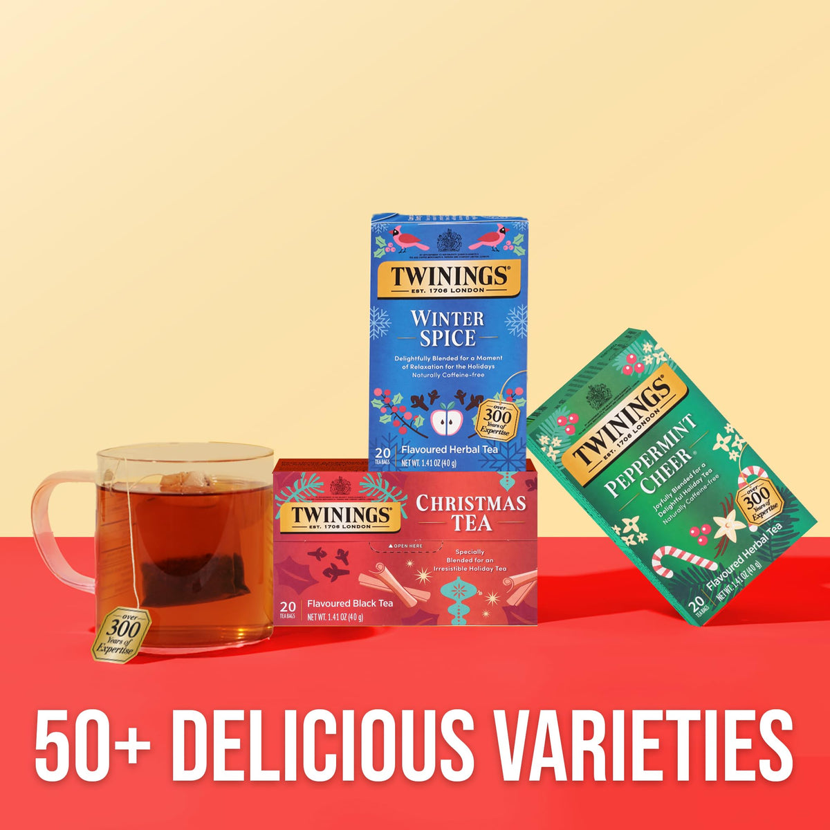 Twinings Winter Spice Tea being brewed in a mug for hot or iced serving