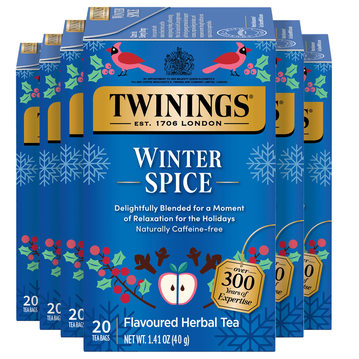 Twinings Winter Spice Tea packaging box displays six boxed teabags for gifting