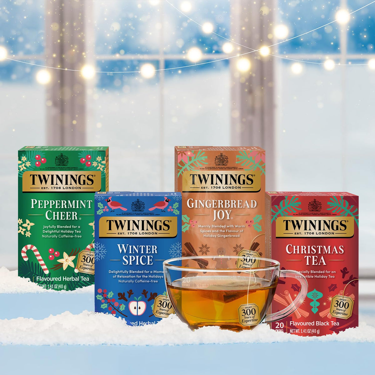 Twinings Winter Spice Tea two-pack display on kitchen counter.