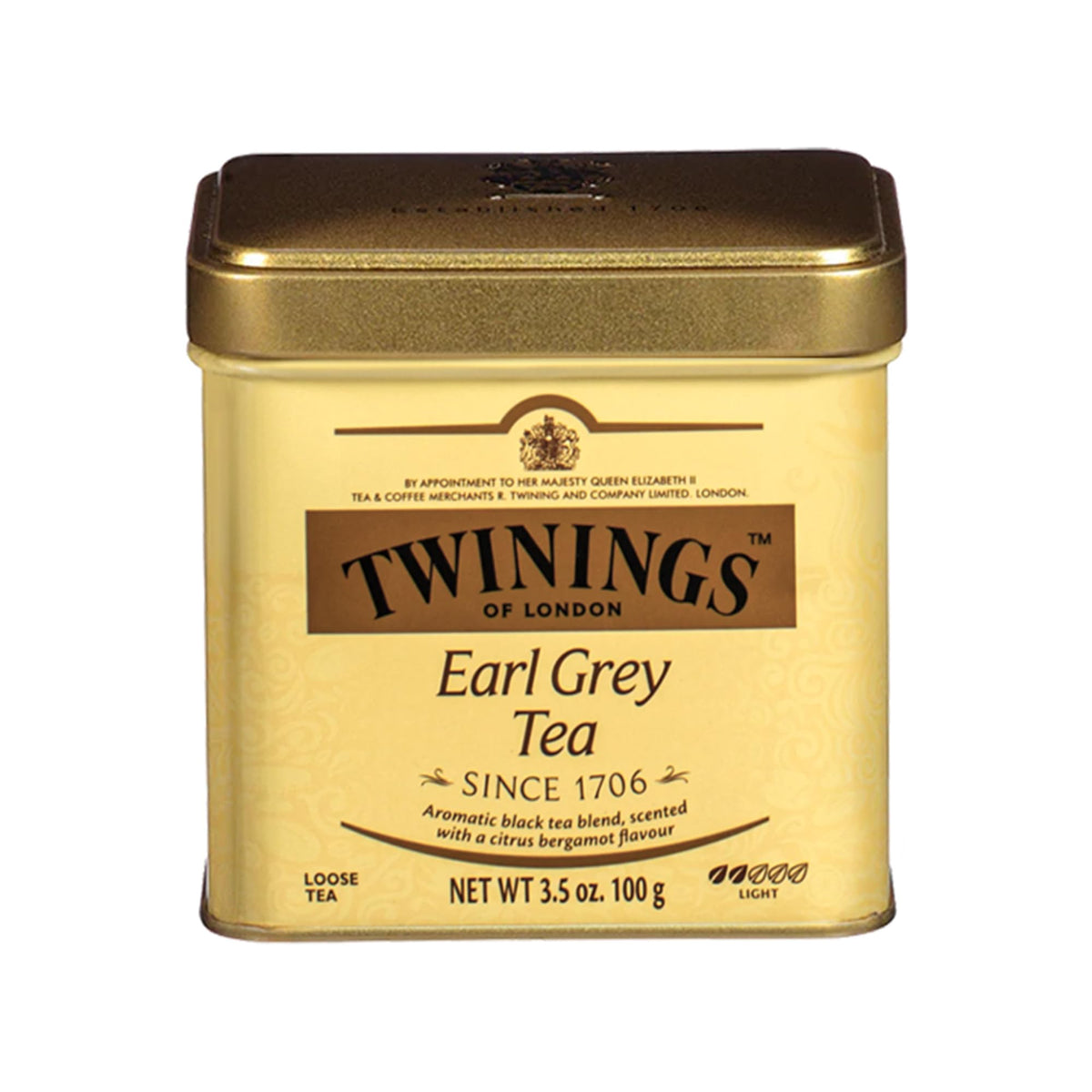 Twinings Earl Grey loose tea tin front view showing premium packaging