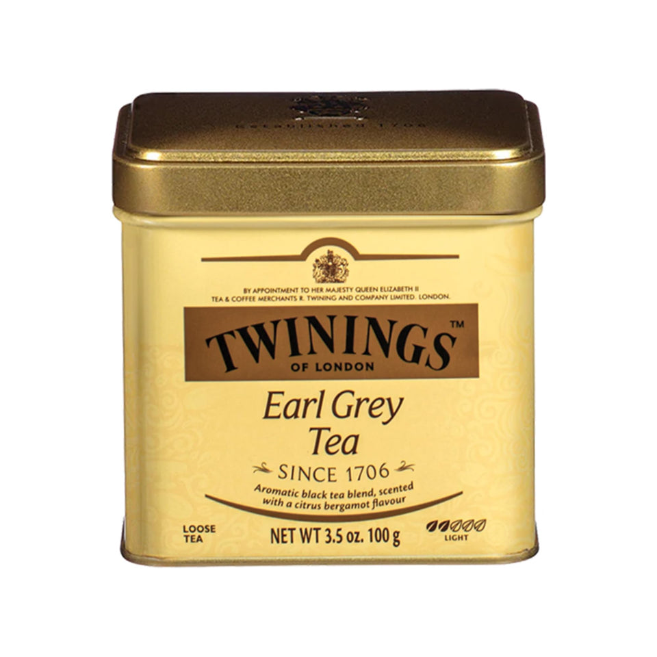 Twinings Earl Grey loose tea tin front view showing premium packaging