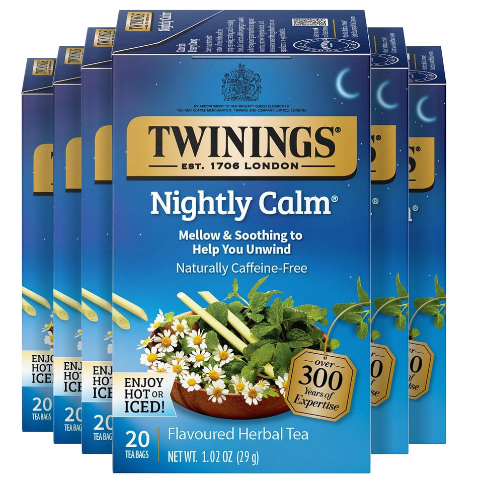 Twinings Nightly Calm tea bags close-up for soothing evening ritual.