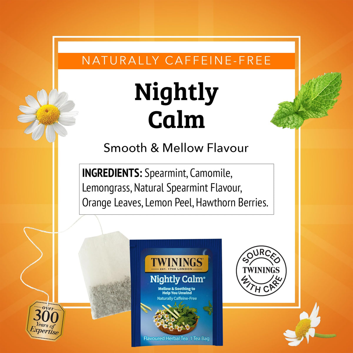 Twinings Nightly Calm ingredients featuring chamomile, spearmint and lemongrass blend.