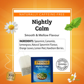Twinings Nightly Calm ingredients featuring chamomile, spearmint and lemongrass blend.
