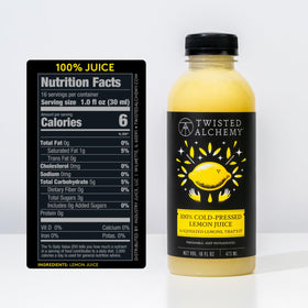 Twisted Alchemy Eureka Lemon Juice label highlights natural, non-GMO citrus without sugar