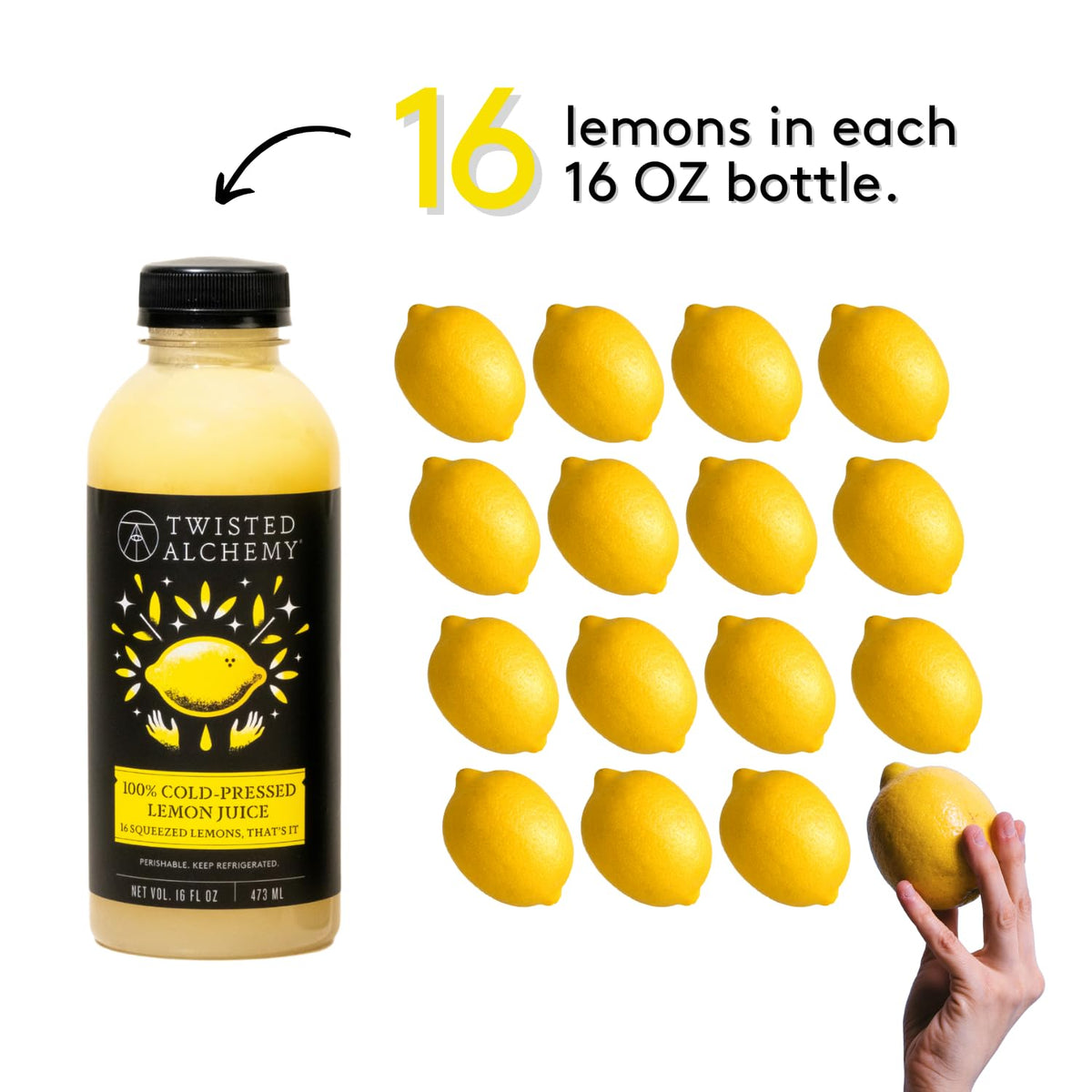 Pouring Twisted Alchemy Eureka Lemon Juice for quick citrus in drinks