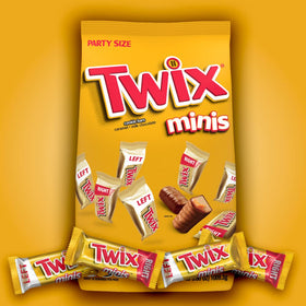 Twix Minis gooey caramel core with milk chocolate coating.