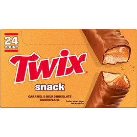 Twix snack-size milk chocolate bars in a 24-pack for on-the-go snacking.