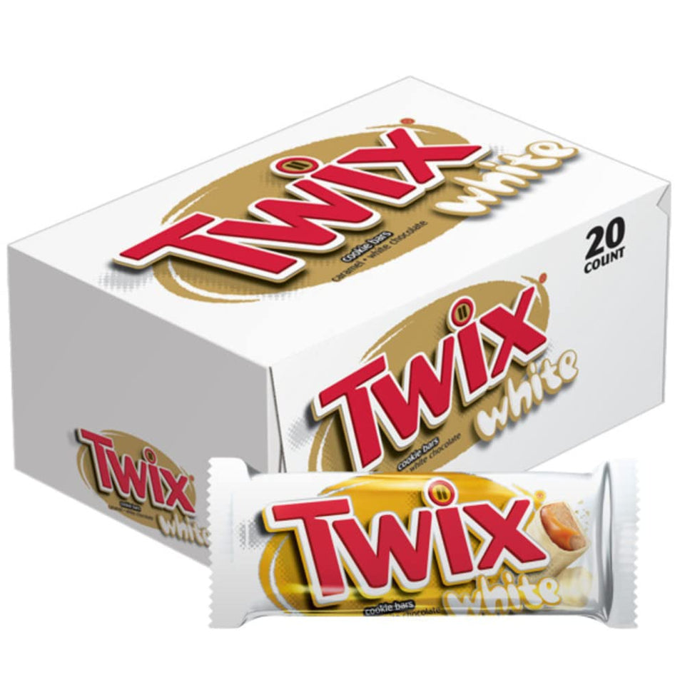 Twix White Chocolate Caramel Cookie Bar box front showing packaging and label for quick snacking