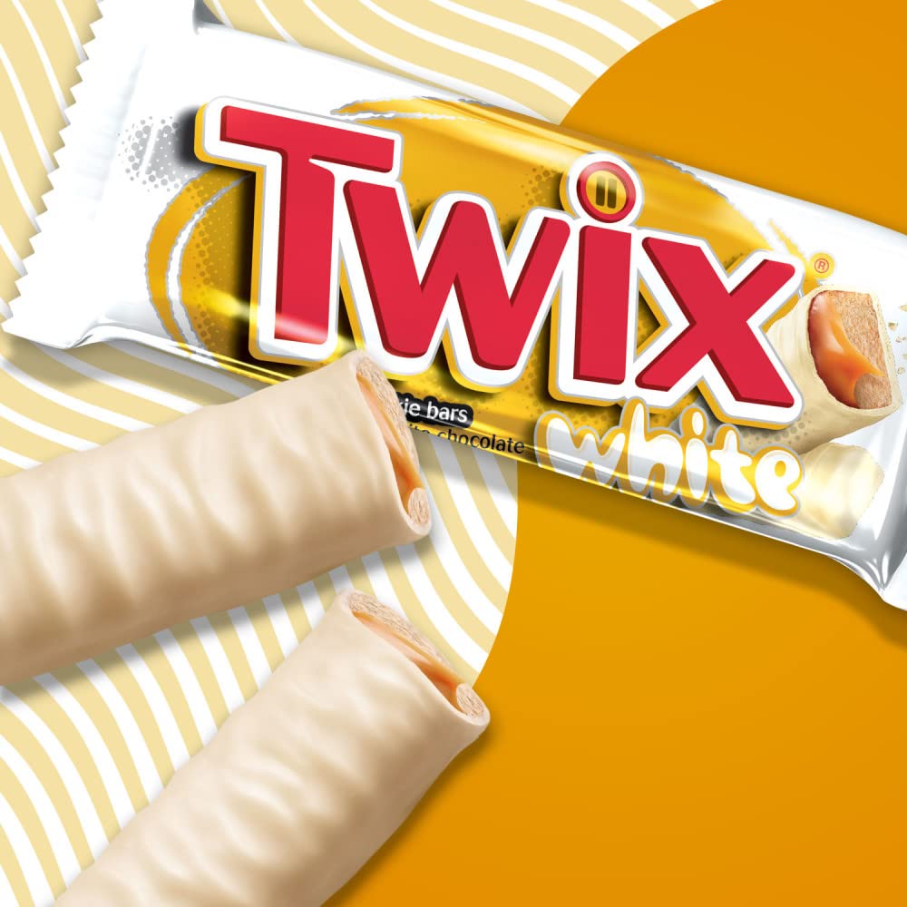 Close-up of Twix wrapper highlighting white chocolate and caramel for on-the-go snacking