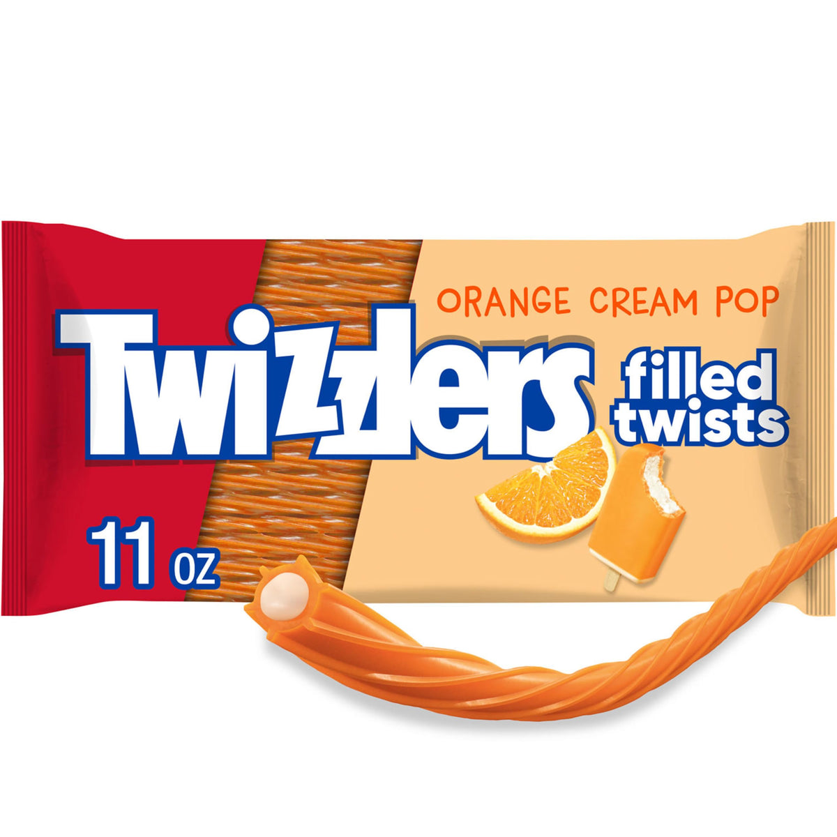 Twizzlers Filled Twists Orange Cream Pop bags illustrate chewy candy ready for on-the-go snacking
