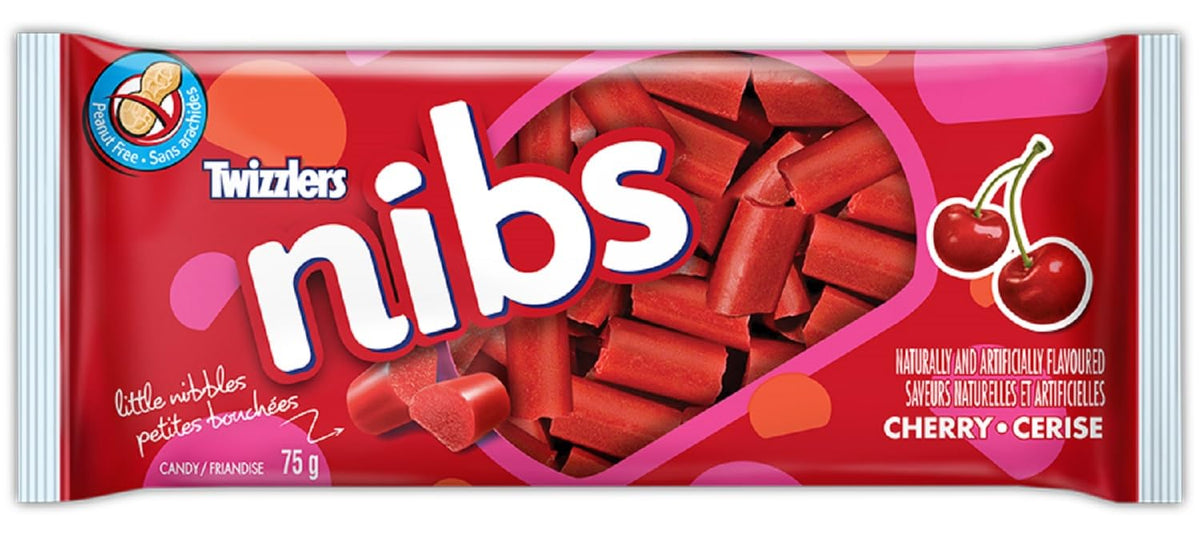 Closeup of Twizzlers Licorice Cherry Nibs bag highlighting bright cherry flavor