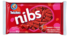 Twizzlers Nibs Cherry Flavored pack close-up, chewy cherry candy for sharing.
