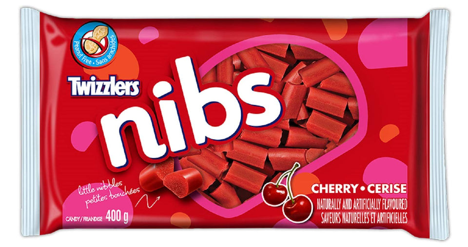 Twizzlers Nibs Cherry Flavored pack close-up, chewy cherry candy for sharing.