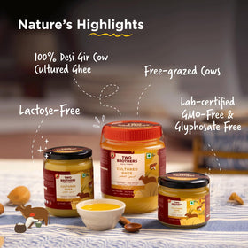 Two Brothers A2 Ghee on kitchen shelf, a staple for organic cooking
