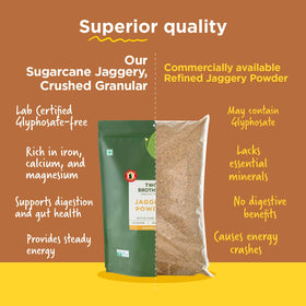 Two Brothers jaggery powder dissolves easily in coffee for a caramel note.