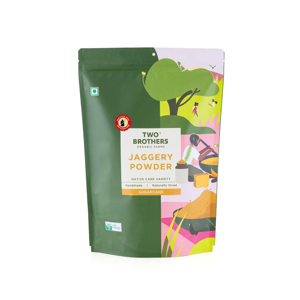 Two Brothers India Farms jaggery powder in resealable packaging for easy storage and daily use.