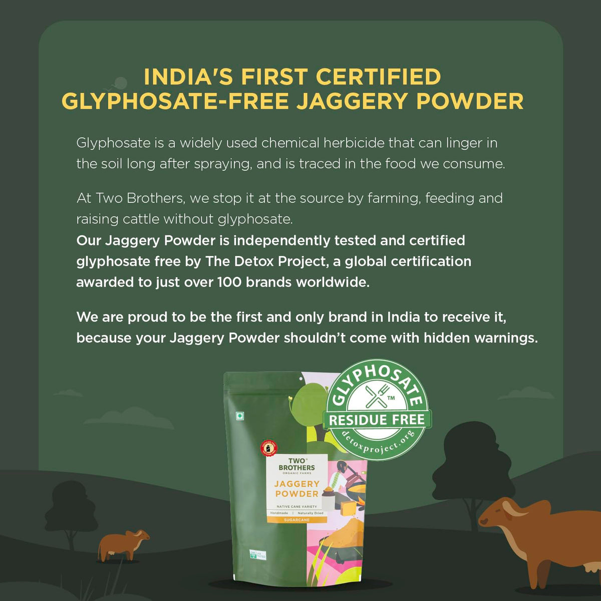 Sun-dried jaggery powder from Two Brothers India Farms preserves natural flavor.