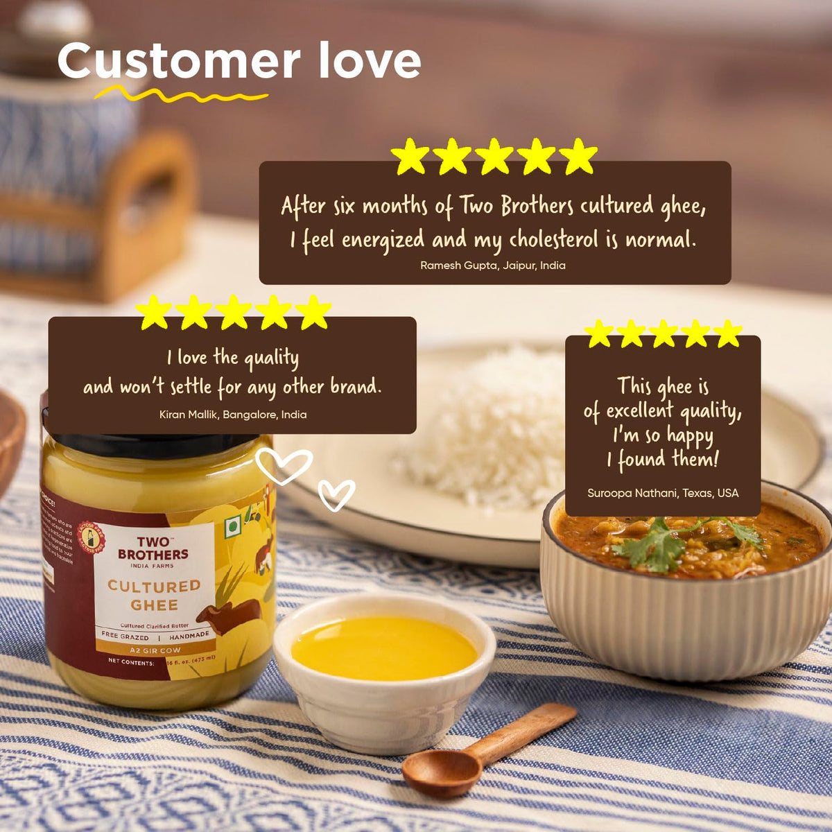 Two Brothers India Farms Nutrient-rich A2 ghee with vitamins A, E, K