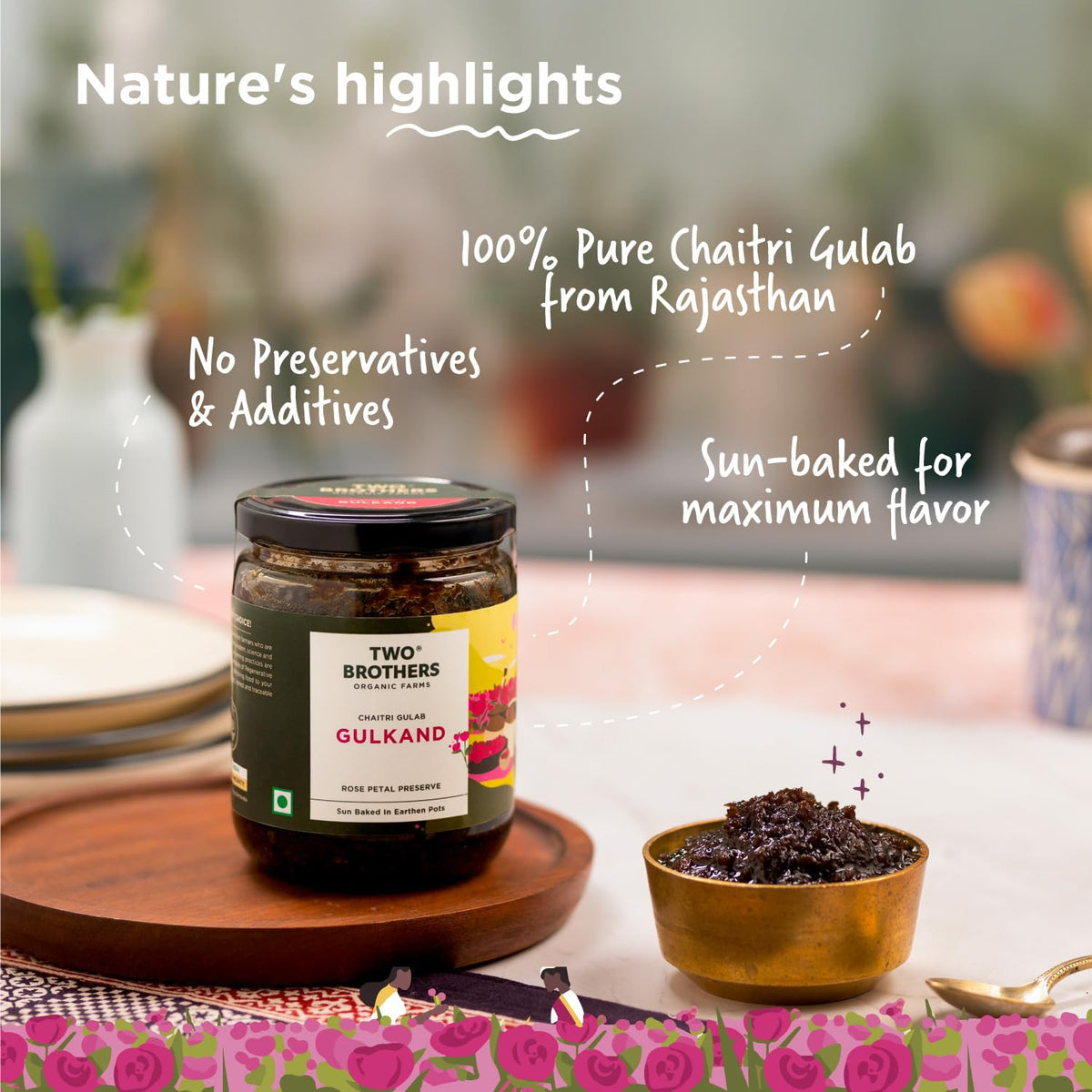 Two Brothers India Farms Rose Petal Gulkand swirled into a strawberry smoothie.
