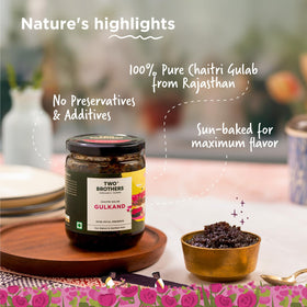 Two Brothers India Farms Rose Petal Gulkand swirled into a strawberry smoothie.