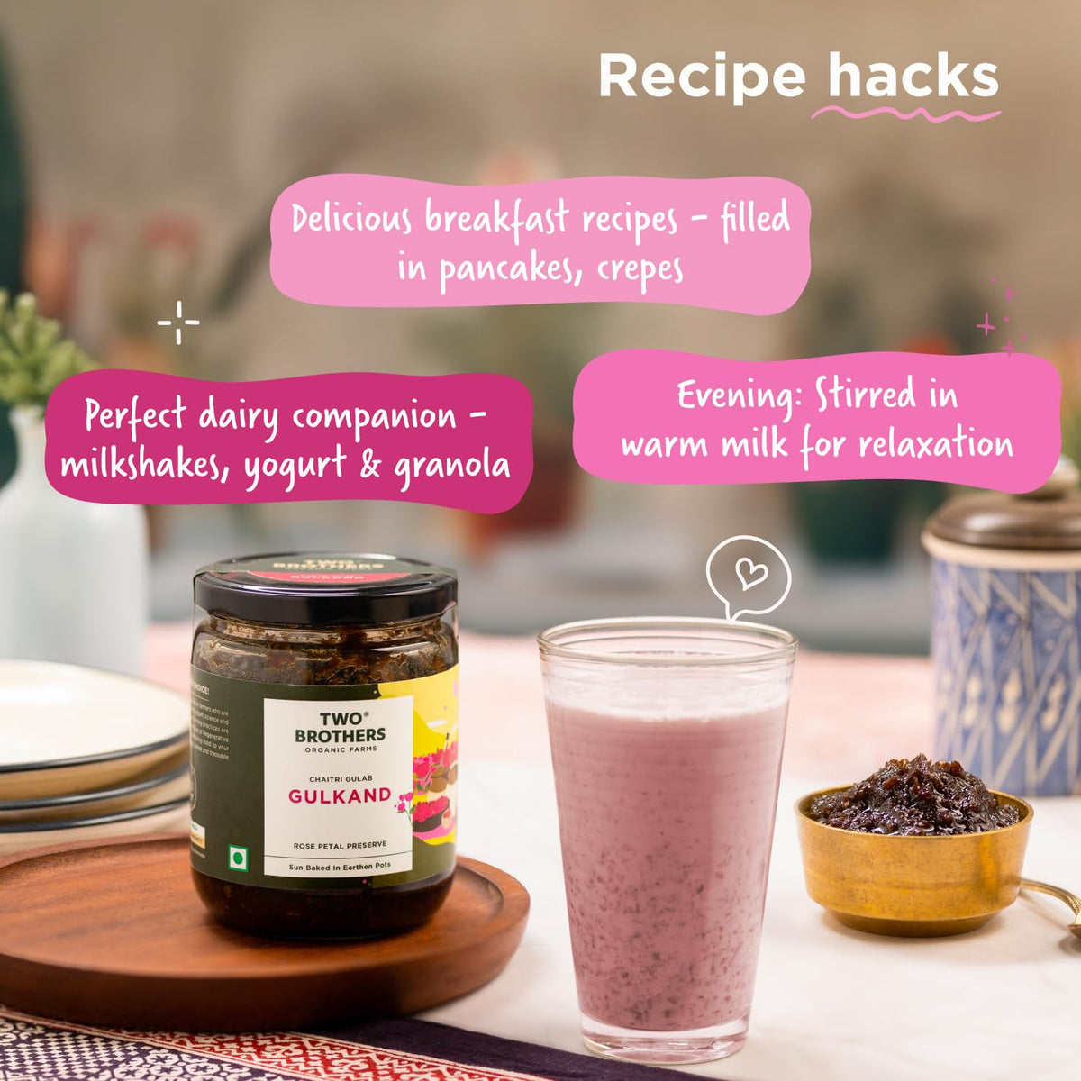 Two Brothers India Farms Rose Petal Gulkand with tea setup for infusion.