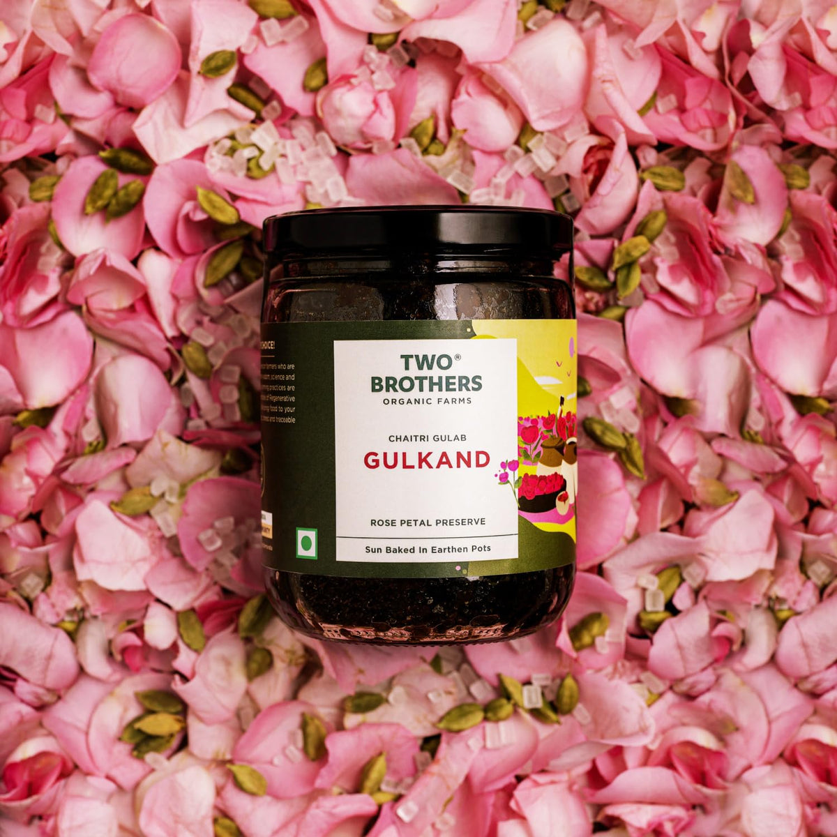 Two Brothers India Farms Rose Petal Gulkand jar as yogurt topping.