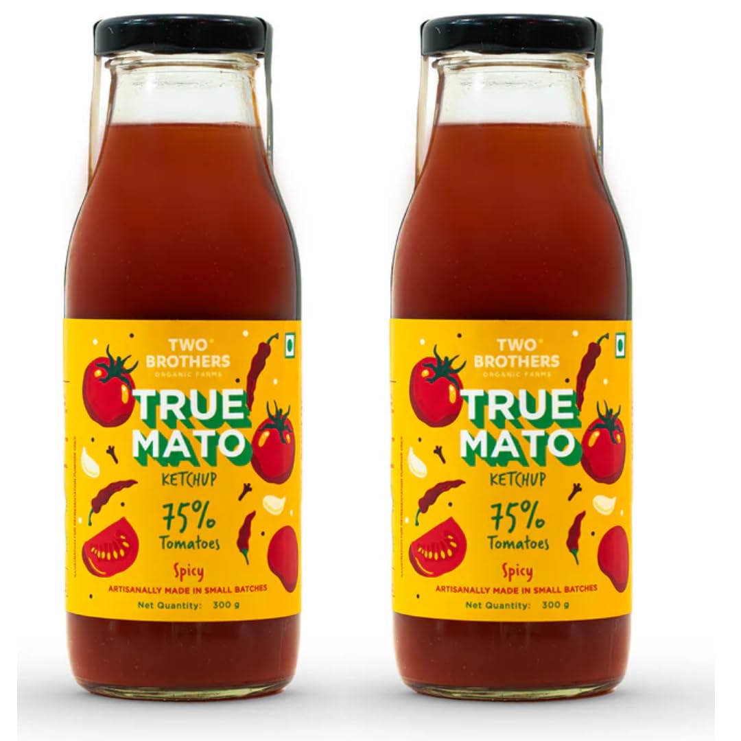 Two Brothers India Farms Truemato ketchup bottle close-up highlights tomato-forward flavor.