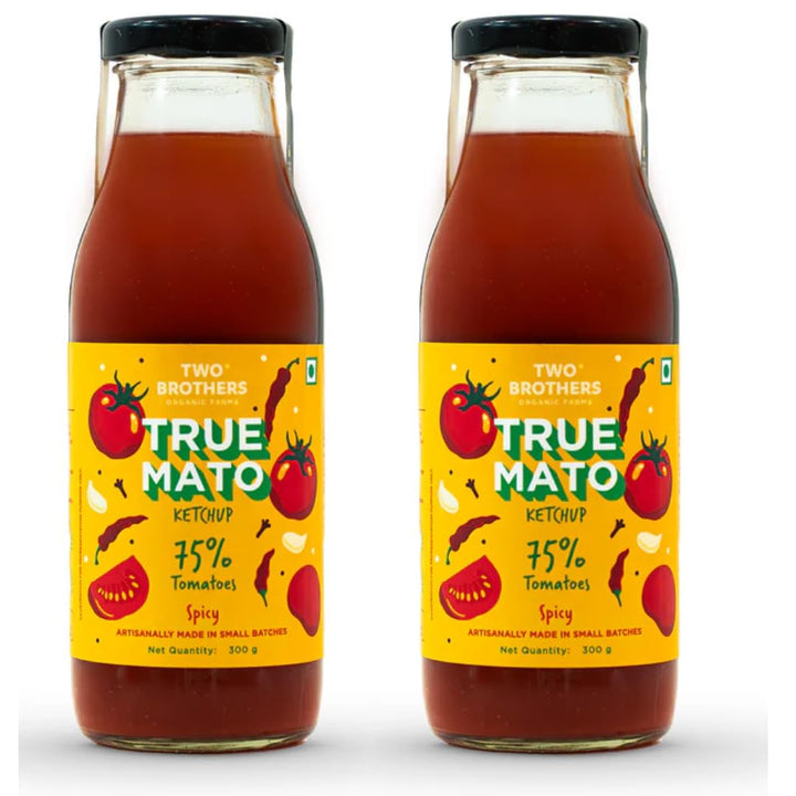Two Brothers India Farms Truemato ketchup bottle close-up highlights tomato-forward flavor.