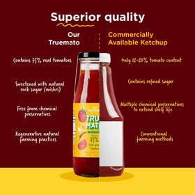Truemato ketchup label shows 75% fresh tomatoes for robust taste.