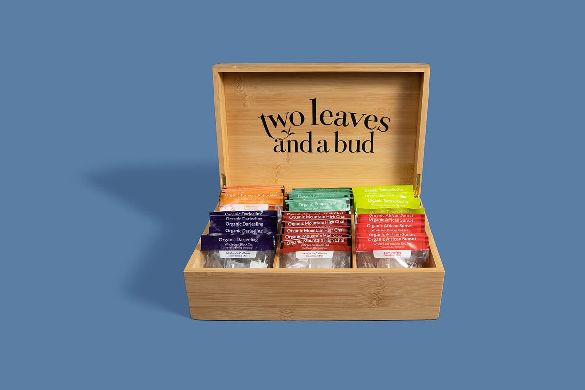 Two Leaves and a Bud black tea sachet close-up with rich aroma