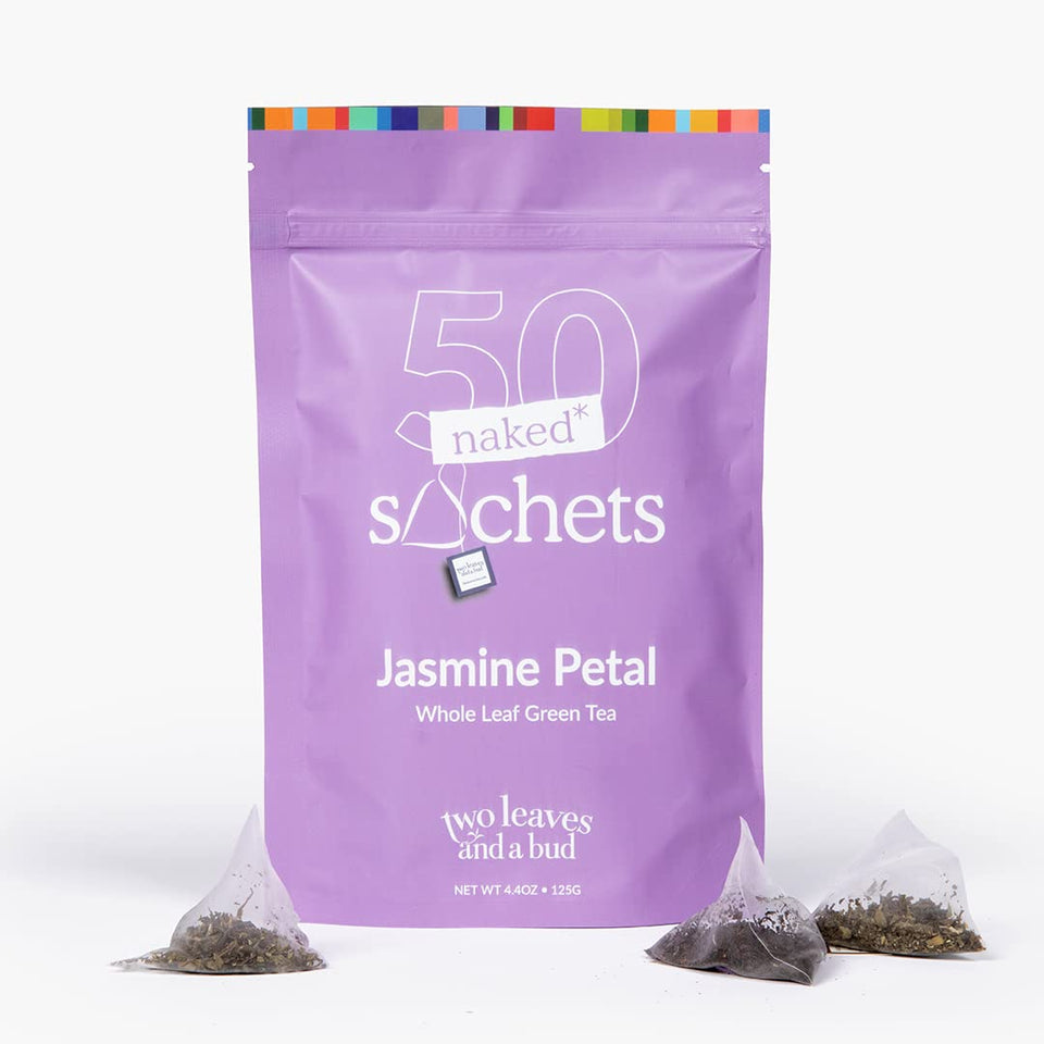 Two Leaves and a Bud packaging with compostable naked sachets for eco-conscious tea lovers.