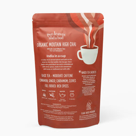 Spice-forward Mountain High chai ingredients highlight cinnamon and ginger for warm aroma.