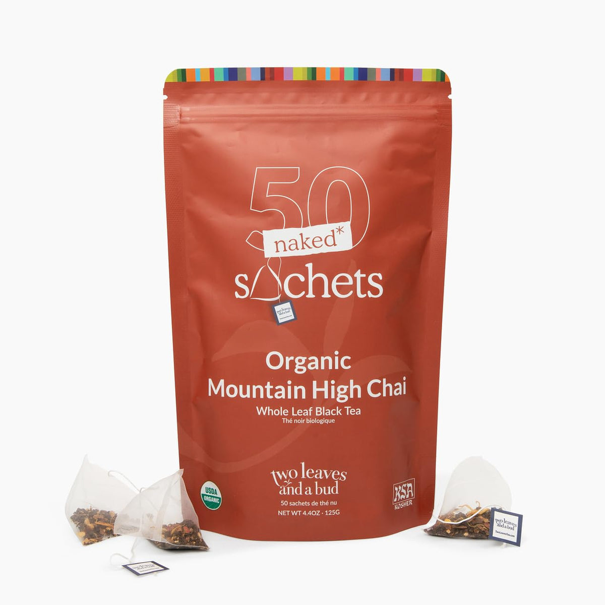 Two Leaves and a Bud Mountain High chai tea bags show bold, balanced flavor ready for morning rituals.