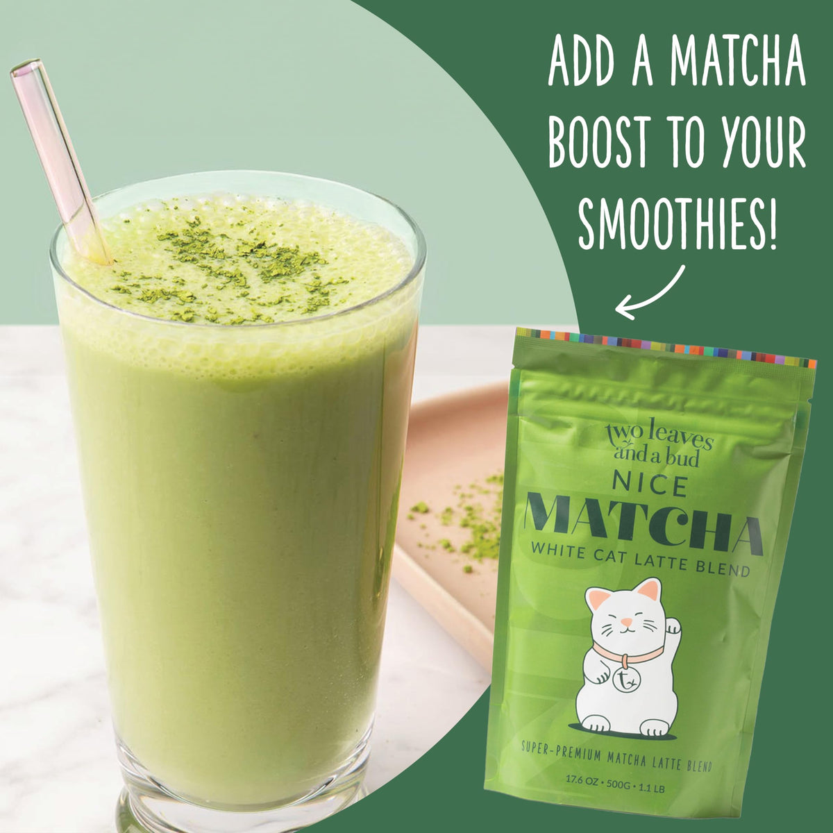 Two Leaves and a Bud Nice Matcha Latte packaging design, modern and informative.