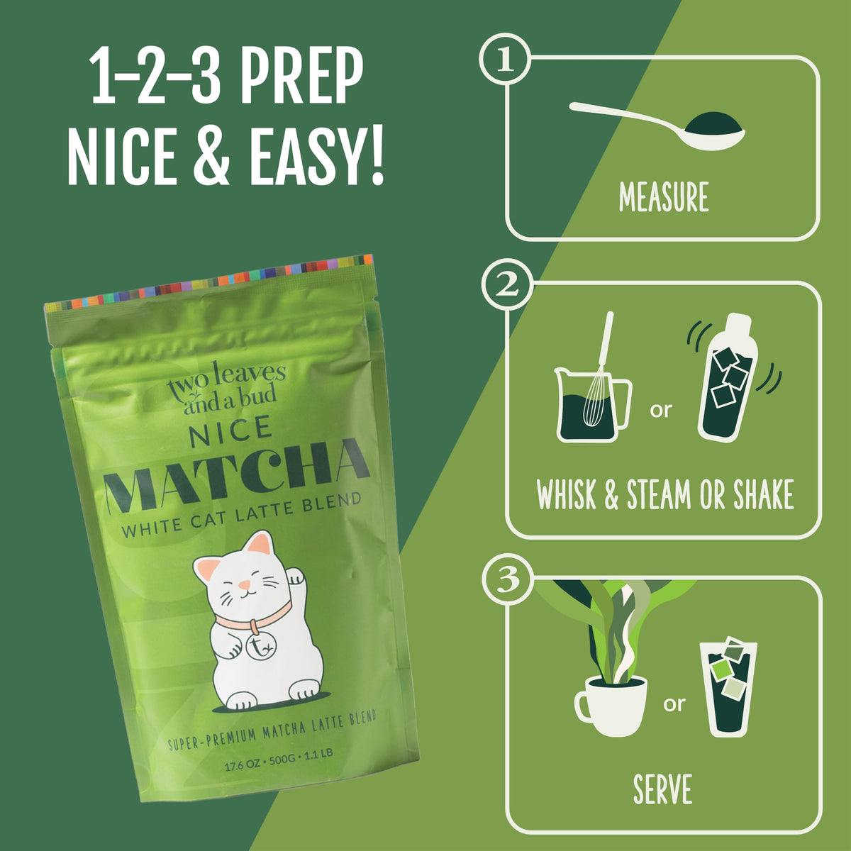 Two Leaves and a Bud Nice Matcha Latte display on shelf highlights premium quality.