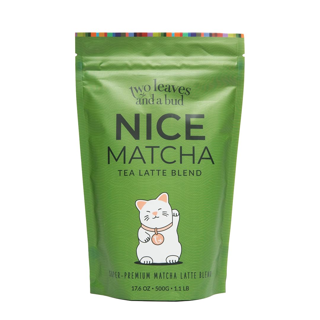 Two Leaves and a Bud Nice Matcha Latte powder bag front, premium Japanese matcha for a creamy latte.