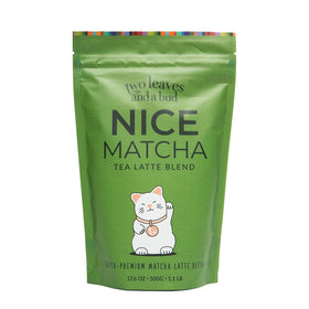 Two Leaves and a Bud Nice Matcha Latte powder bag front, premium Japanese matcha for a creamy latte.
