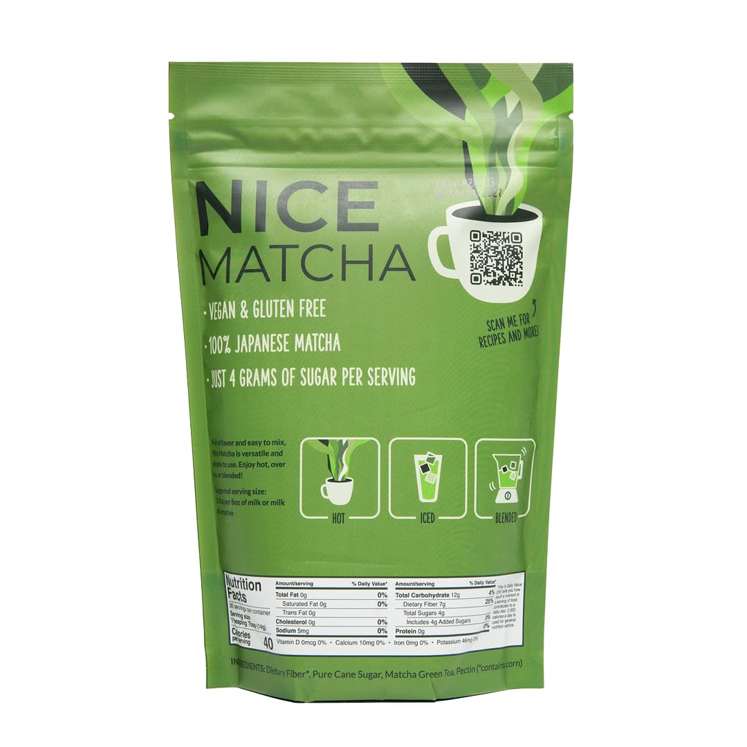 Two Leaves and a Bud Nice Matcha Latte powder scoop showing easy measurement for quick lattes.