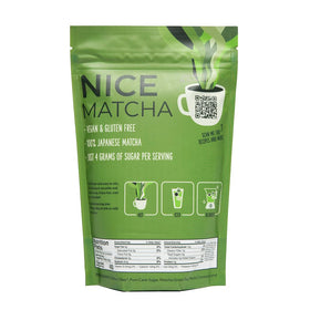Two Leaves and a Bud Nice Matcha Latte powder scoop showing easy measurement for quick lattes.