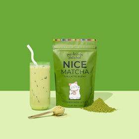Two Leaves and a Bud Nice Matcha Latte resealable bag highlights freshness and convenient storage.