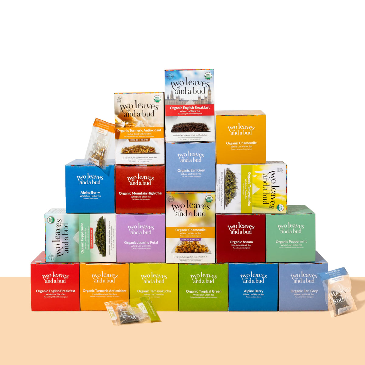 Two Leaves and a Bud tea bags with backyard compostable wraps.