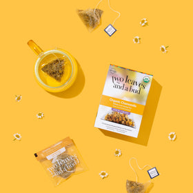 Two Leaves and a Bud packaging highlights eco-friendly, compostable sachets.