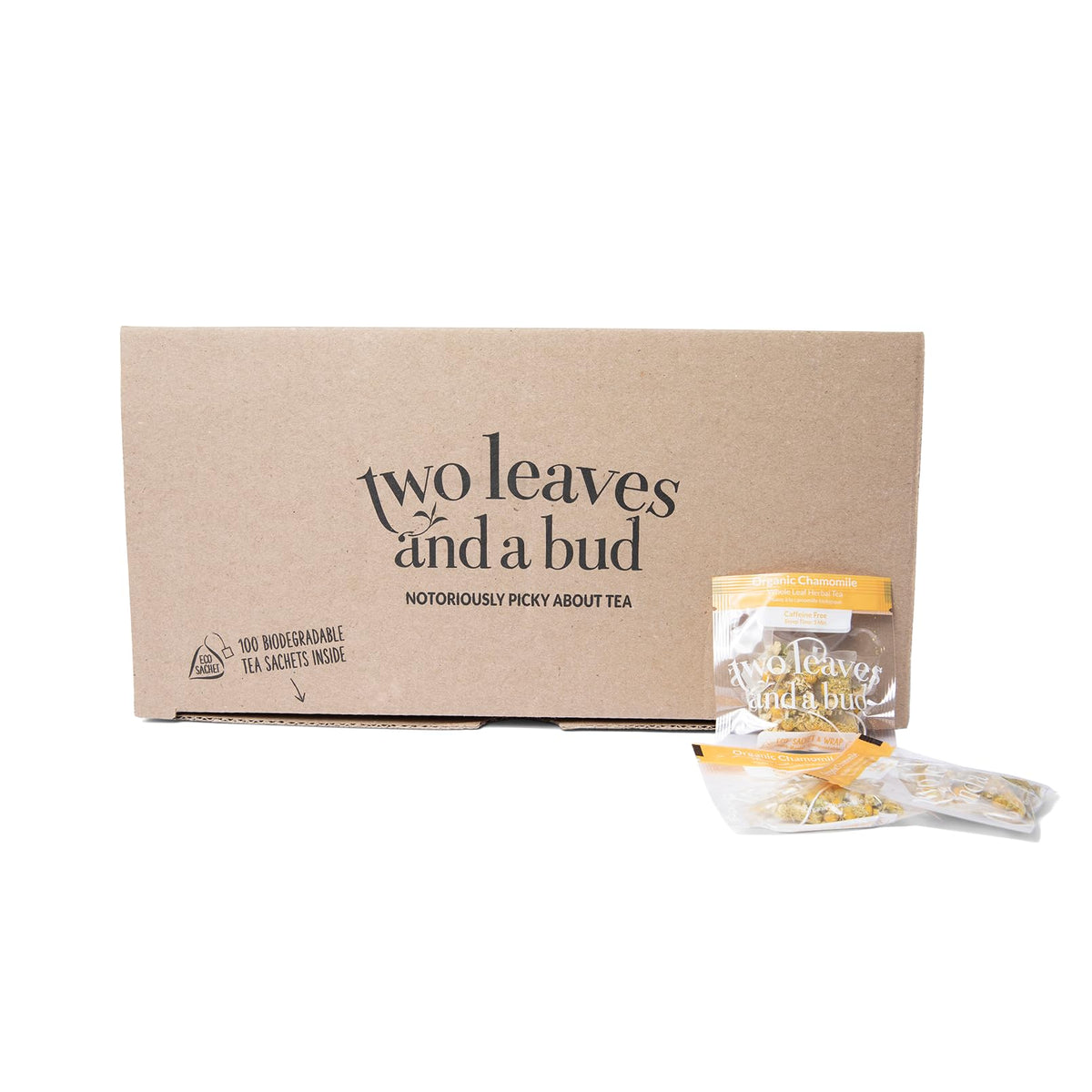 Two Leaves and a Bud organic chamomile tea bags pyramid sachets close-up for fuller flavor.