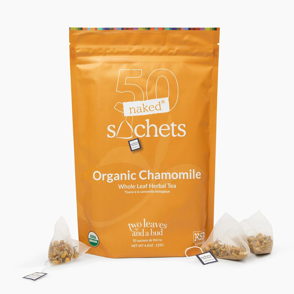 Two Leaves and a Bud Organic Chamomile tea sachets for a caffeine-free infusion