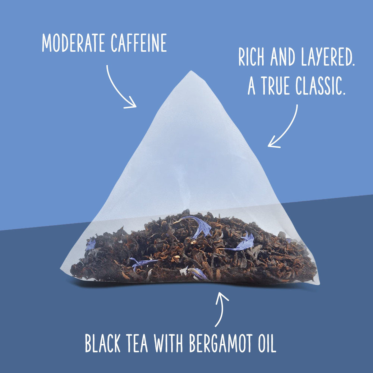 Two Leaves and a Bud pyramid sachet close-up shows larger leaves for fuller infusion.