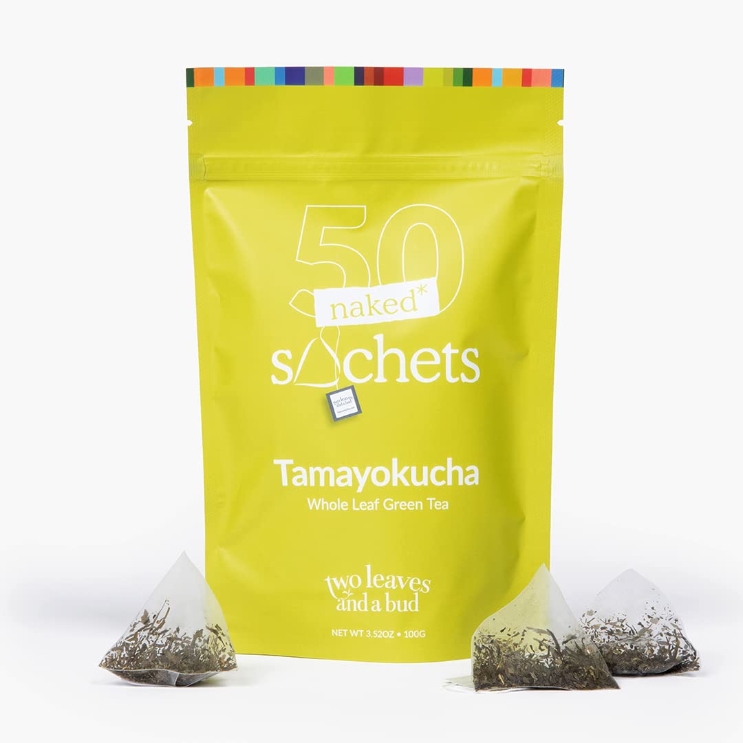 Two Leaves and a Bud Tamayokucha organic green tea bags in compostable sachets, smooth light aroma.
