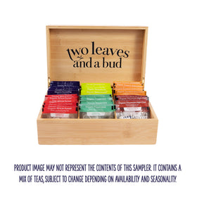 Two Leaves and a Bud tea sampler box side view showcasing packaging