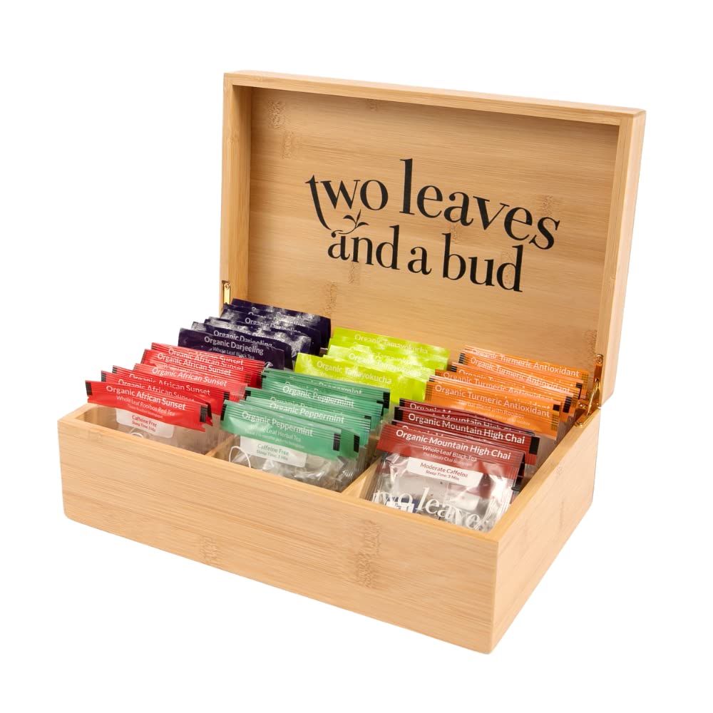 Two Leaves and a Bud tea sampler box top view, gift-ready presentation